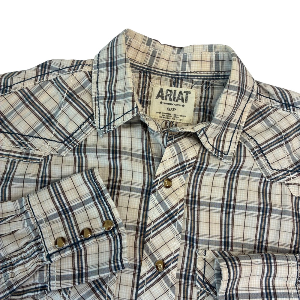 Ariat Western Shirt Mens Small Tan Blue Plaid Retro Fit Pearl Snap Stitch